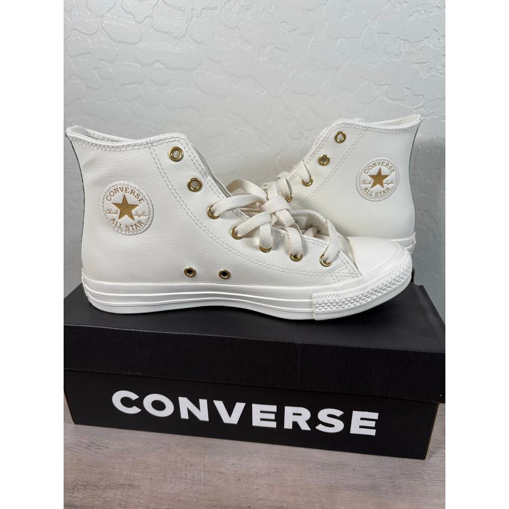 *NEW* Big Kids 6 CONVERSE‎ White Leather Chuck Taylor All Star HI Gold / Egret